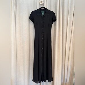 Ralph Lauren Vintage 100% Silk Black Button-Front Maxi Dress with Subtle Dots